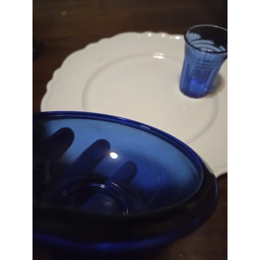 vintage Arcoroc France deep cobalt blue glass bowl  And Hazel Atlas Tumbler